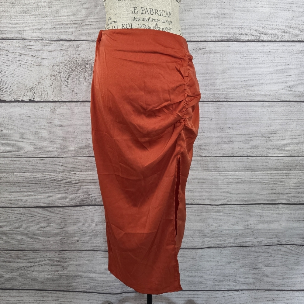 Lulumari Orange Ruched Midi Skirt